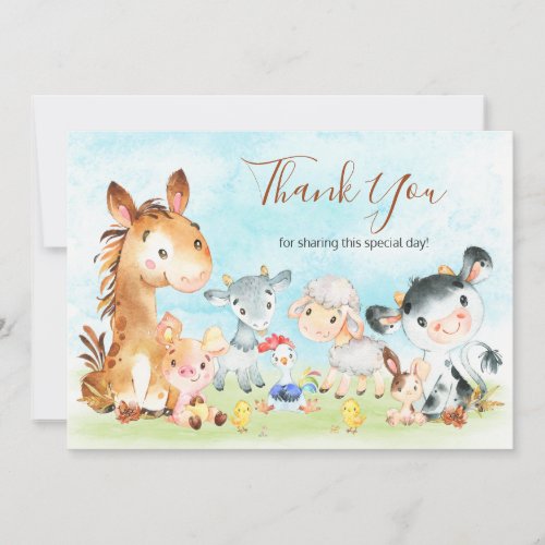 Watercolor Farm Animals Thank You Card