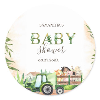 Watercolor Farm Animals Tractor Baby Shower Classic Round Sticker