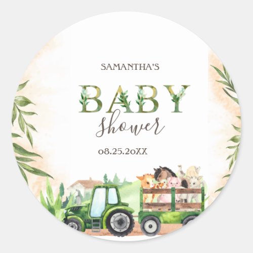 Watercolor Farm Animals Tractor Baby Shower Classic Round Sticker