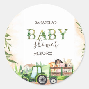 Watercolor Farm Animals Tractor Baby Shower Classic Round Sticker