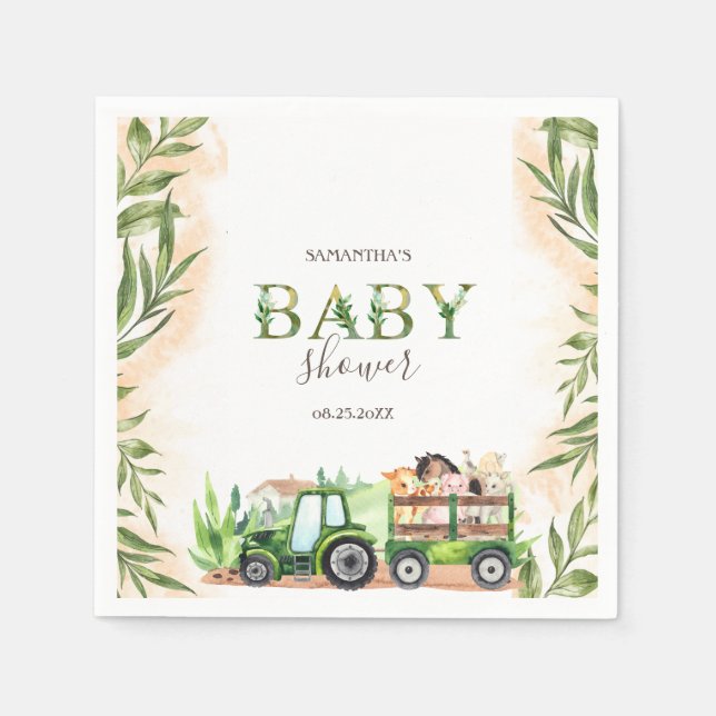 Watercolor Farm Animals Tractor Baby Shower  Napkins (Front)