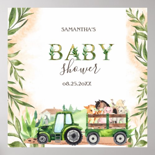 Watercolor Farm Animals Tractor Baby Shower  Poster