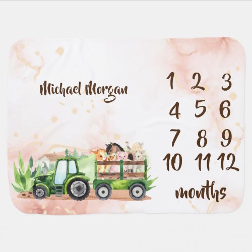 Watercolor Farm Animals Tractor Month Milestone    Baby Blanket