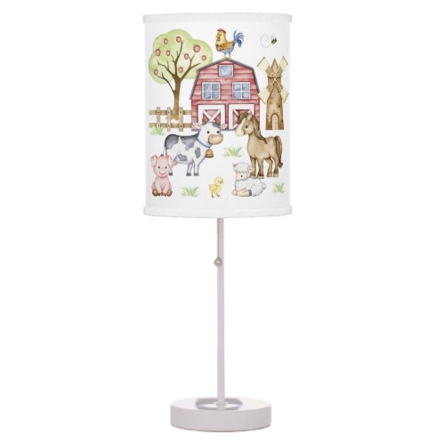 Watercolor Farm Barnyard Animals Baby Nursery Table Lamp