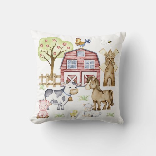 Watercolor Farm Barnyard Animals Nursery Throw Pillow