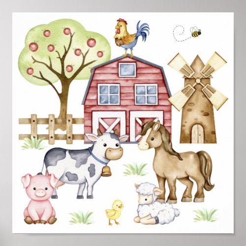 Watercolor Farm Barnyard Animals Scene Poster