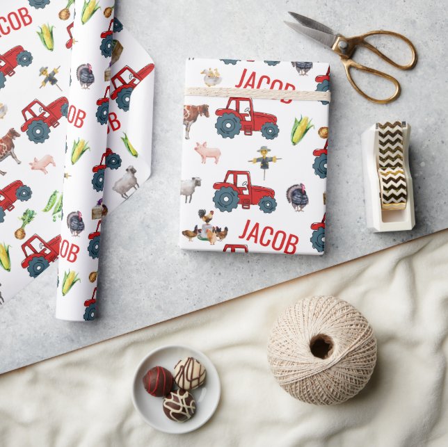 Watercolor Farm Birthday Animals Custom Name Wrapping Paper (Crafts)