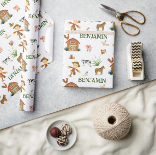 Watercolor Farm Birthday Animals Custom Name Wrapping Paper