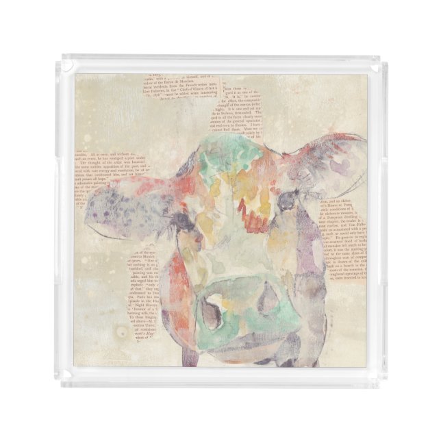 Watercolor Farm Collage Cow Acrylic Tray (Front)