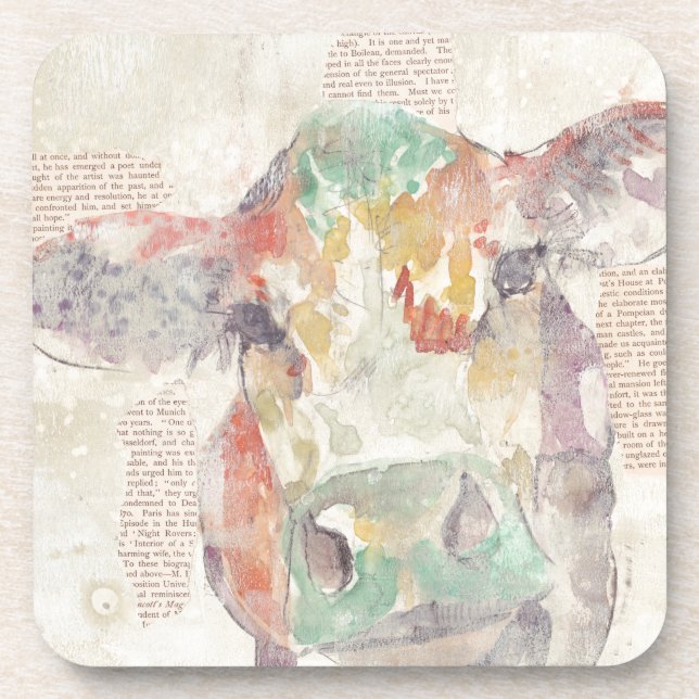 Watercolor Farm Collage Cow Beverage Coaster (Front)