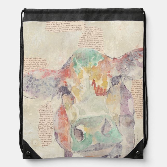 Watercolor Farm Collage Cow Drawstring Bag (Front)