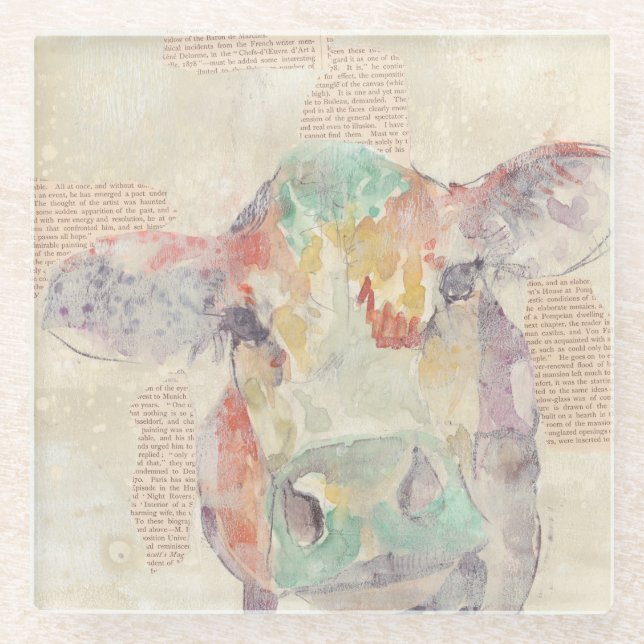Watercolor Farm Collage Cow Glass Coaster (Front)