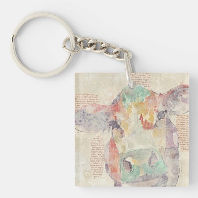 Watercolor Farm Collage Cow Keychain (Front)