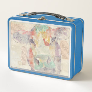 Watercolor Farm Collage Cow Metal Lunch Box