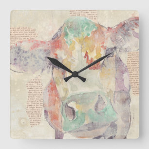 Watercolor Farm Collage Cow Square Wall Clock