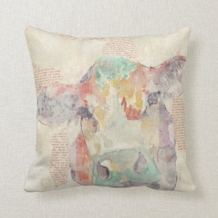 Watercolor Farm Collage Cow Throw Pillow