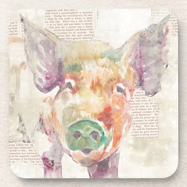 Watercolor Farm Collage Pig Beverage Coaster (Front)