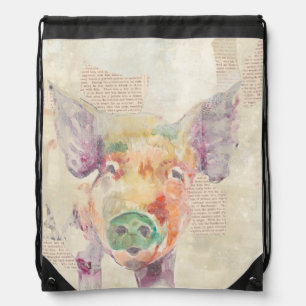 Watercolor Farm Collage Pig Drawstring Bag