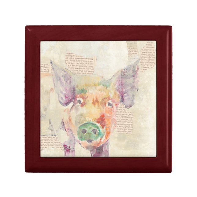 Watercolor Farm Collage Pig Jewelry Box (Front)