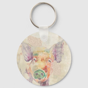 Watercolor Farm Collage Pig Keychain