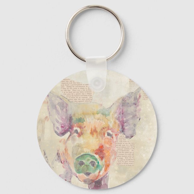 Watercolor Farm Collage Pig Keychain (Front)