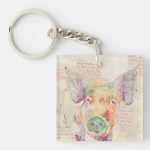 Watercolor Farm Collage Pig Keychain