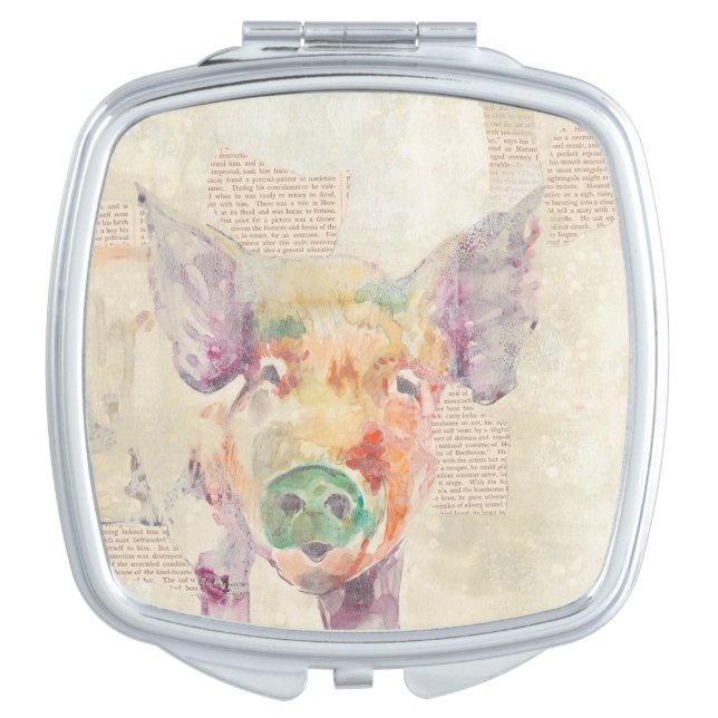 Watercolor Farm Collage Pig Mirror For Makeup (Front)