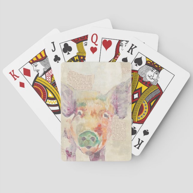 Watercolor Farm Collage Pig Poker Cards (Back)