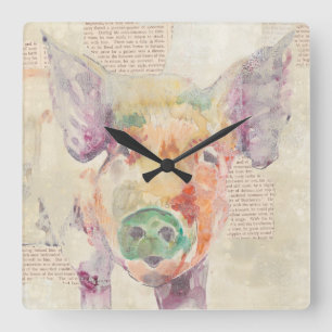 Watercolor Farm Collage Pig Square Wall Clock