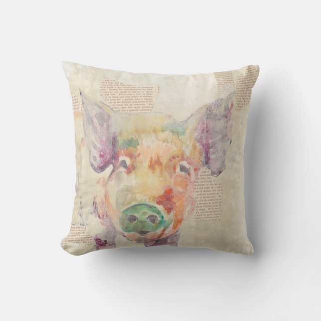 Watercolor Farm Collage Pig Throw Pillow (Front)