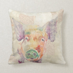 Watercolor Farm Collage Pig Throw Pillow