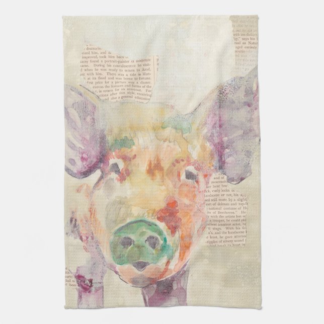 Watercolor Farm Collage Pig Towel (Vertical)