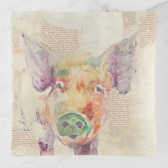 Watercolor Farm Collage Pig Trinket Tray (Front)