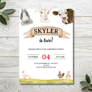 Watercolor Farm Friends Skyler is Two 2nd Birthday Invitation