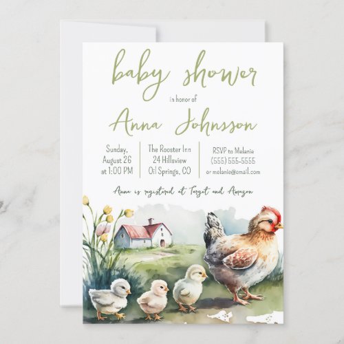 Watercolor Farm Hen with Chicks Baby Shower Invitation
