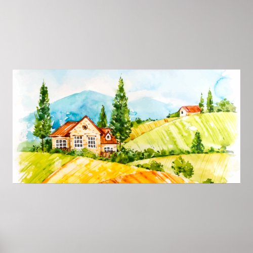 Watercolor Farm Landscape 2 Poster