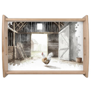 Watercolor Farm Rooster in a Barn Serving Tray