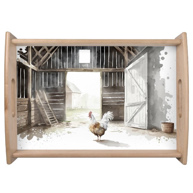Watercolor Farm Rooster in a Barn Serving Tray (Front)