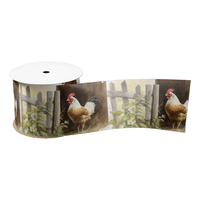 Watercolor Farm Rooster Satin Ribbon (Spool)