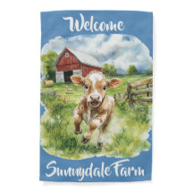 Watercolor Farm Scene, Red Barn, Happy Calf Blue