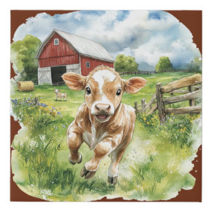Watercolor Farm Scene, Red Barn, Happy Calf Red Faux Canvas Print