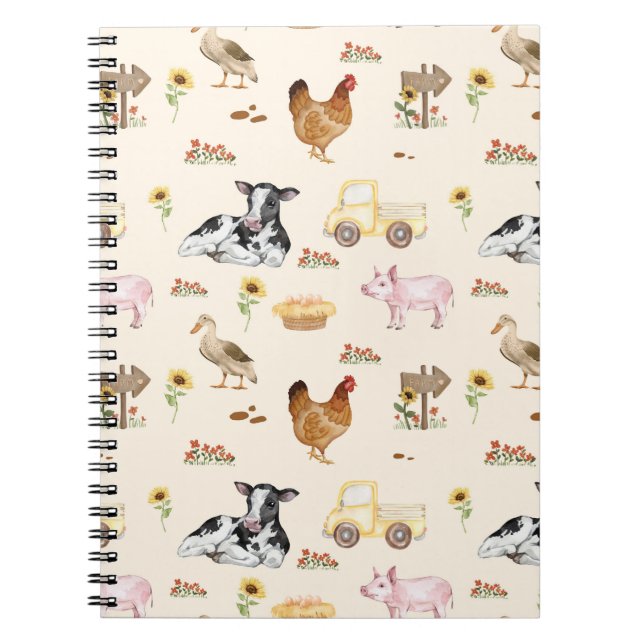 Watercolor Farm Scene Seamless Pattern Notebook (Front)