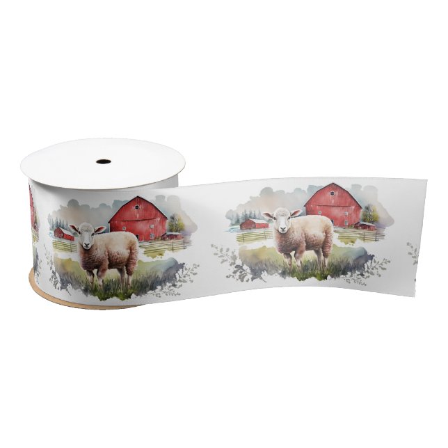 Watercolor Farm Sheep Satin Ribbon (Spool)