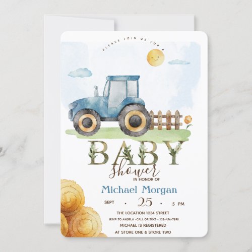 Watercolor Farm Tractor Hay Baby Shower  Invitation