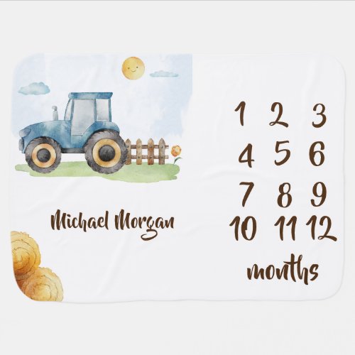 Watercolor Farm Tractor Hay Month Milestone    Baby Blanket