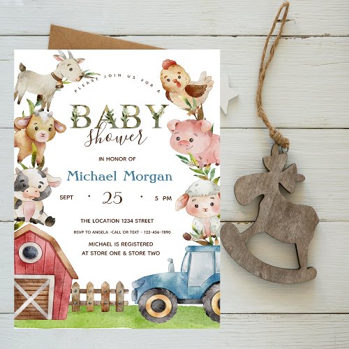 Watercolor Farm Tractor Stable Baby Shower  Invitation