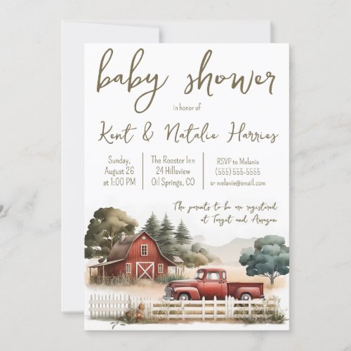 Watercolor Farm Truck Landscape Baby Shower Invitation