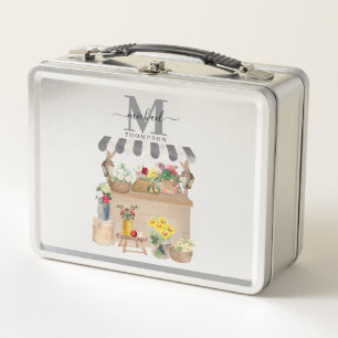 Watercolor Farmer's Market Flower Cart Kitchen Metal Lunch Box