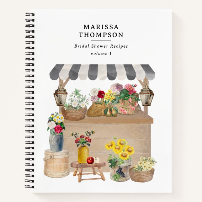Watercolor Farmer's Market Flower Cart Recipe Notebook (Front)