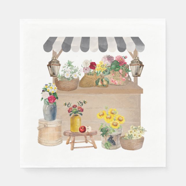 Watercolor Farmer's Market Flower Cart Stand Napkins (Front)